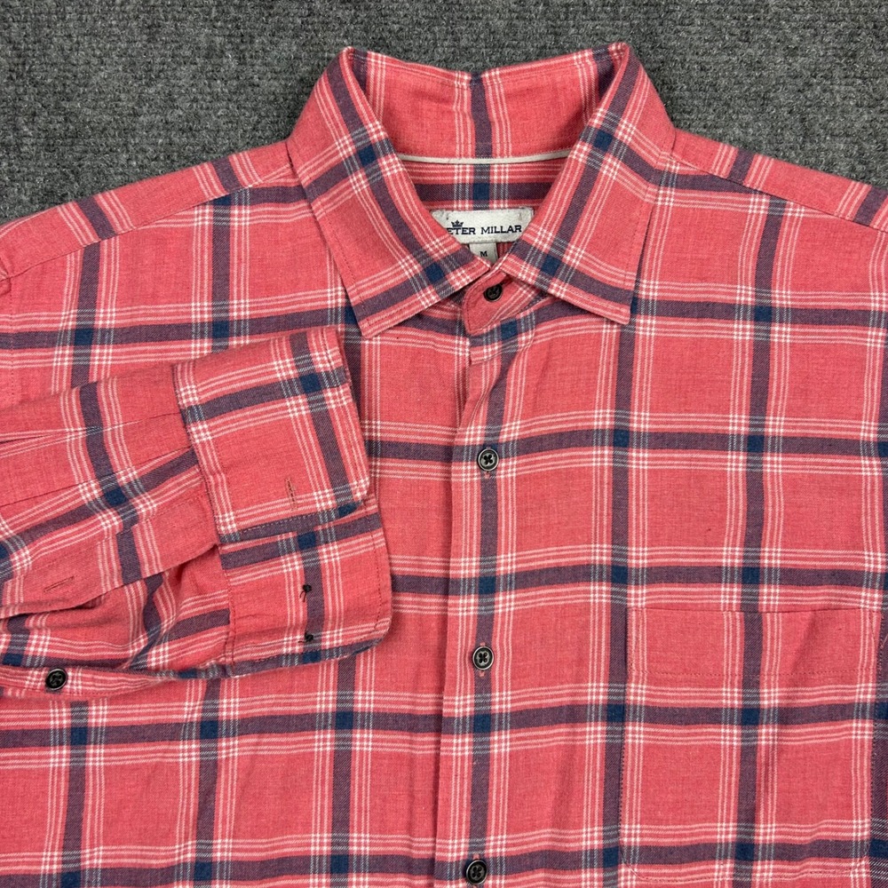 Peter Millar Hang Dahlia Sport Shirt Mens M Red Pink Plaid Long Sleeve Cotton